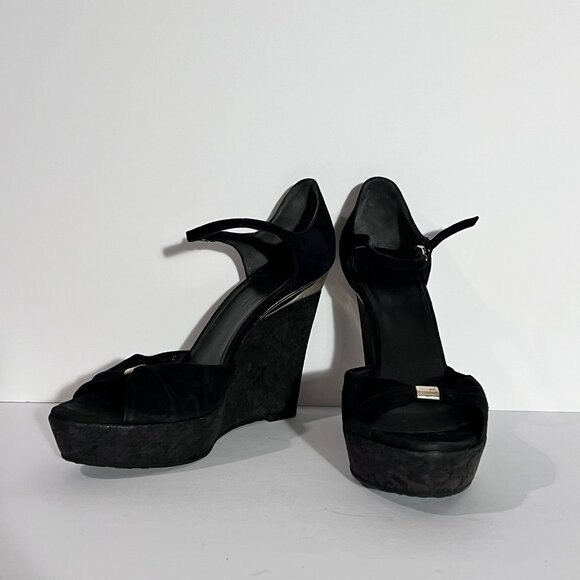 Gucci by Tom Ford Cork Wedge Black Suede Silver Logo Heels Sz 8 - Picture 7 of 16